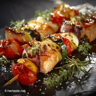 Brochette de saumon et l&eacute;gumes au barbecue Laqu&eacute;e au miel cuisson parfaite