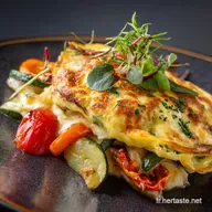 Omelette au fromage et aux l&eacute;gumes Recette baveuse de saison
