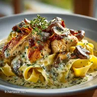 P&acirc;tes &agrave; la Cr&egrave;me Poulet et Champignons Sauce velout&eacute;e comme au bistrot