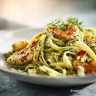 Plat facile et rapide au pesto Linguine cr&eacute;meuses aux crevettes 22 min