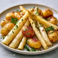 Po&ecirc;l&eacute;e Asperges Blanches et Patates: Grenailles Dor&eacute;es