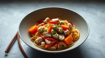 Nouilles sautées au poulet façon wok – Recette simple et savoureuse recipe card