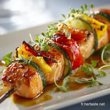 Brochette de saumon et l&eacute;gumes au barbecue Laqu&eacute;e au miel cuisson parfaite Fiche recette