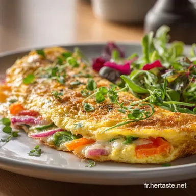 Omelette au fromage et aux l&eacute;gumes Recette baveuse de saison Fiche recette