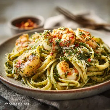Plat facile et rapide au pesto Linguine cr&eacute;meuses aux crevettes 22 min Fiche recette