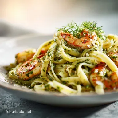 Plat facile et rapide au pesto Linguine cr&eacute;meuses aux crevettes 22 min