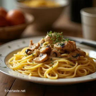 Spaghettis Poulet et Champignons Cr&egrave;me Recette Familiale Facile Fiche recette
