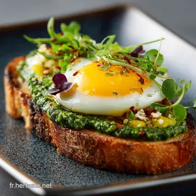 Tartine au Pesto et &OElig;uf Brouill&eacute; Cr&eacute;m&eacute;e Le Secret du Brunch Parfait Fiche recette