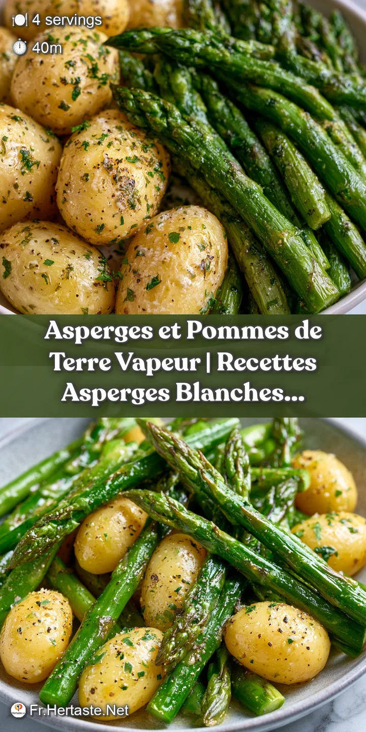 Gros plan sur la texture tendre des asperges d'un vert vif et des pommes de terre fondantes, l&eacute;g&egrave;rement luisantes.