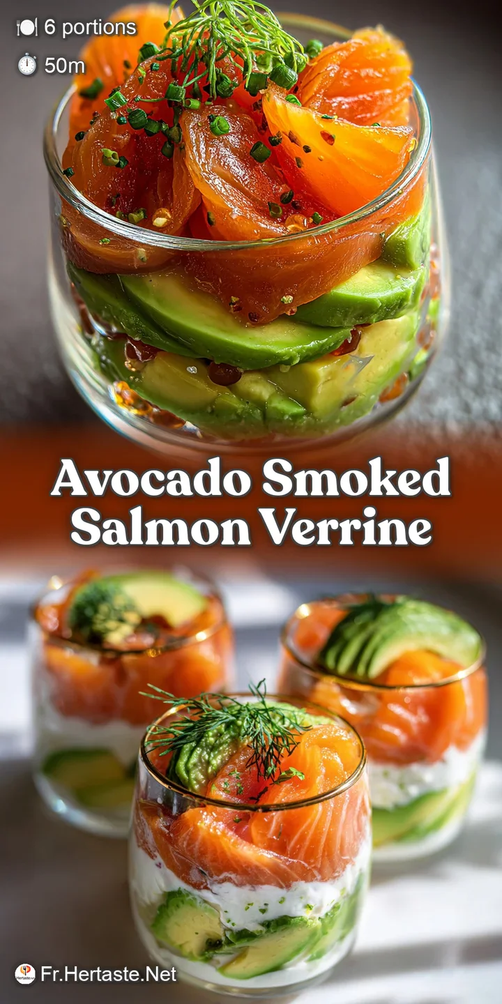 Close-up of avocado and smoked salmon layers; ribbons of salmon contrast with creamy avocado, bright green dill, and lemon...