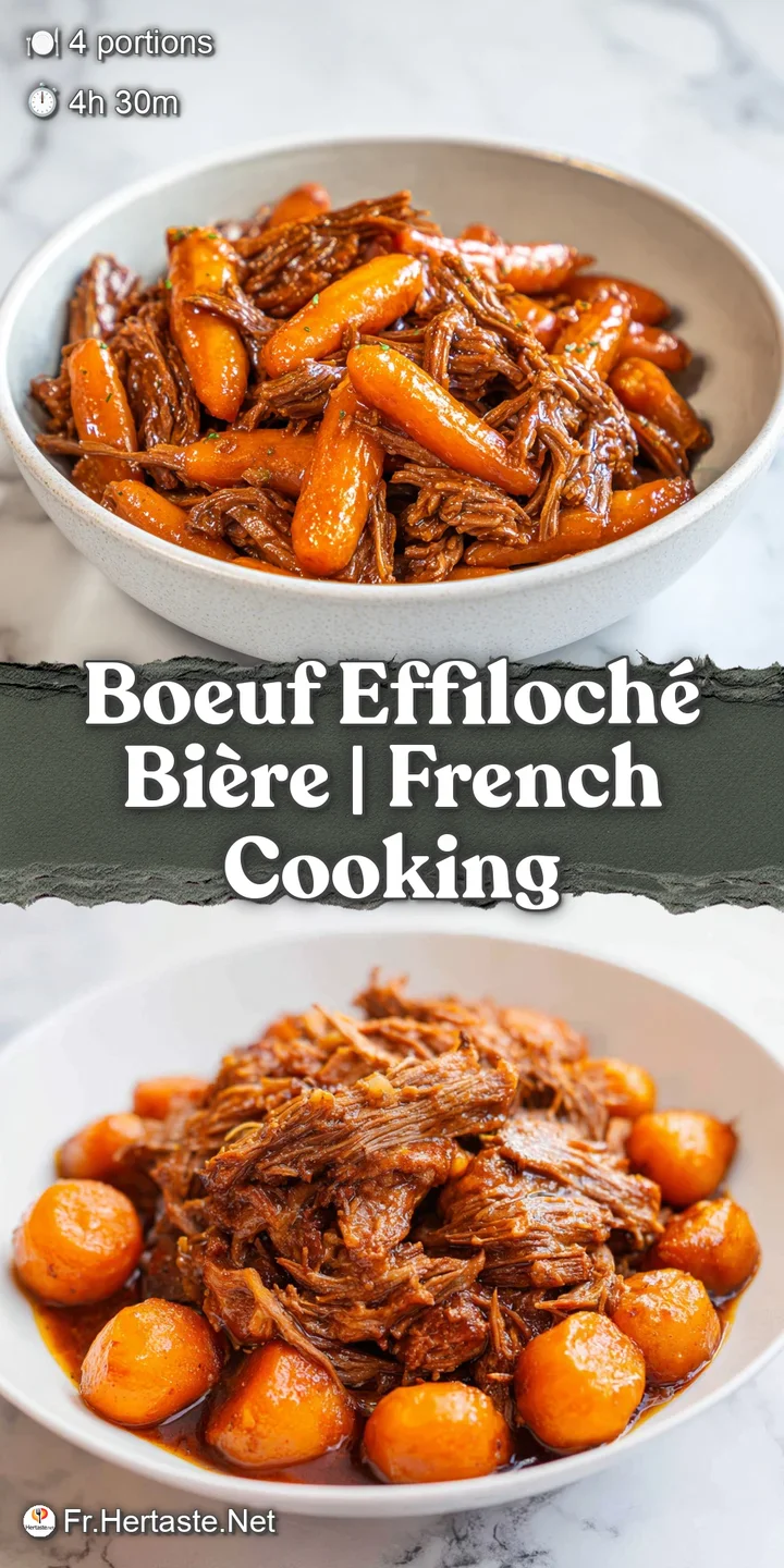 Gros plan sur des fibres de viande juteuses et fondantes, enrob&eacute;es d'une sauce brune velout&eacute;e et fumante et gourmande.