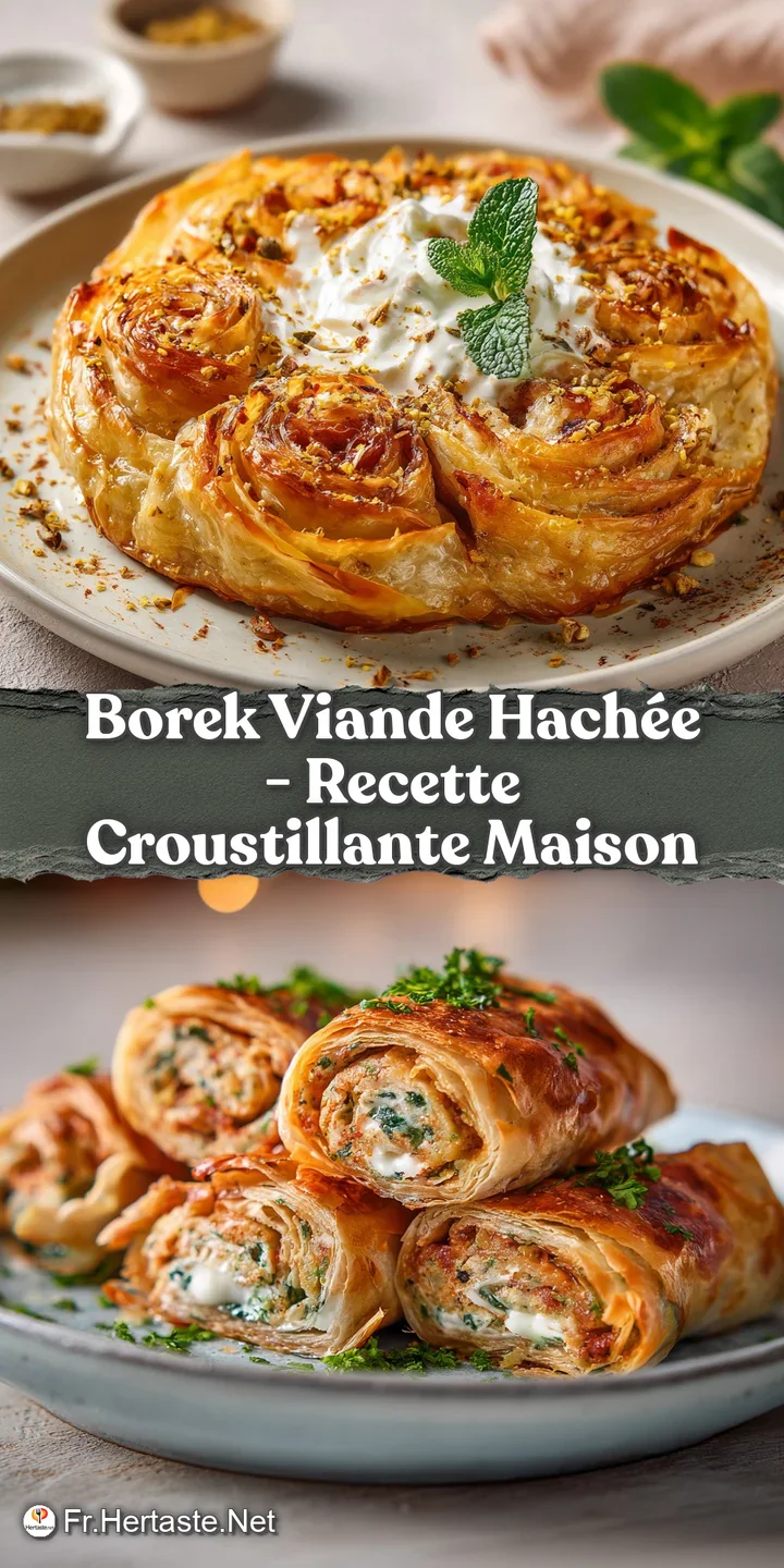 Close-up of a steaming, golden-baked borek, revealing its layered, crispy crust and a glimpse of savory filling.