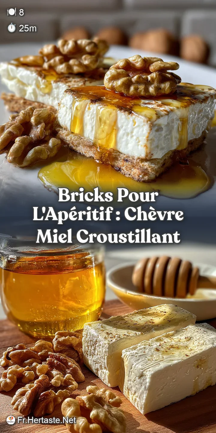 Close-up shows the bubbling, golden-brown crust of a pastry brick, with creamy white cheese and amber honey peeking throug...