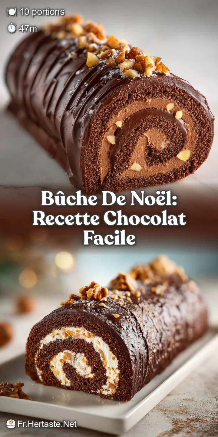 Close-up of a rich, dark chocolate yule log cake, its textured bark effect glistening, dusted with sweet, snowy powdered s...