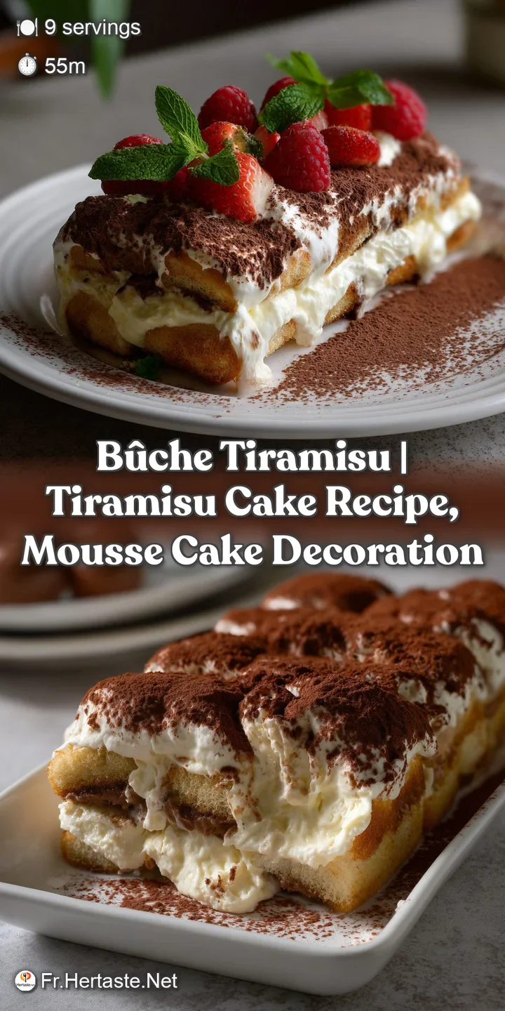 Close-up of a B&ucirc;che Tiramisu slice; the creamy filling and airy biscuit create a stunning contrast, inviting a taste. Dark...