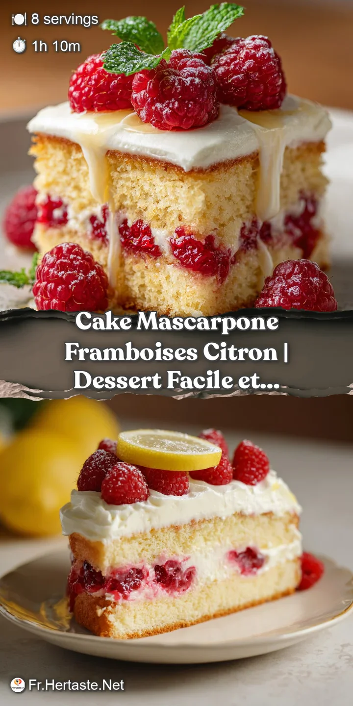 Close-up of moist lemon cake with airy mascarpone and glistening raspberry glaze cascading down.