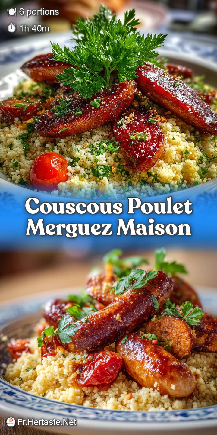 Close-up of couscous: glistening grains, juicy sausage with crisp edges, and colorful vegetables create a warm, inviting d...