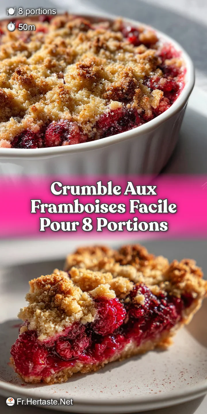 Close-up of a raspberry crumble, showcasing the juicy, bright raspberries peeking through the buttery, textured crumble to...