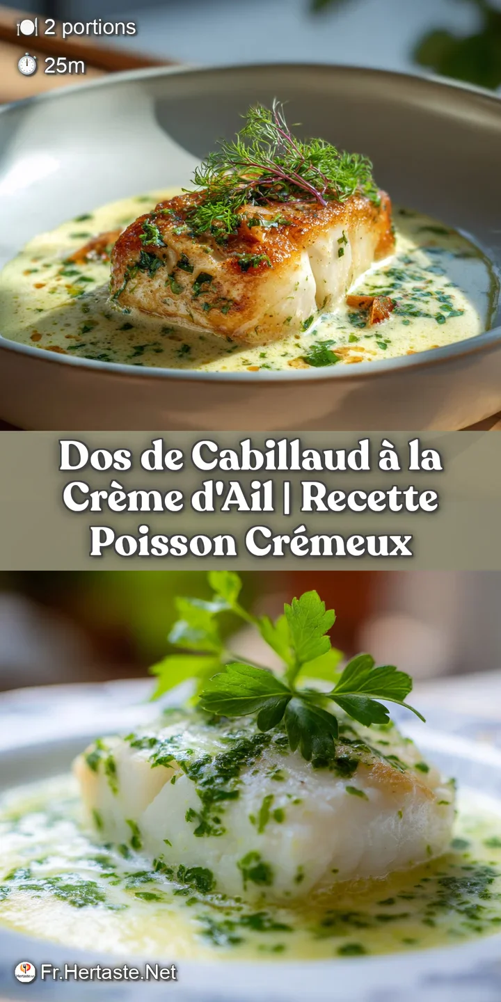 Close-up of tender, white cod bathed in a luscious, pale green garlic and parsley cream sauce, invitingly smooth.