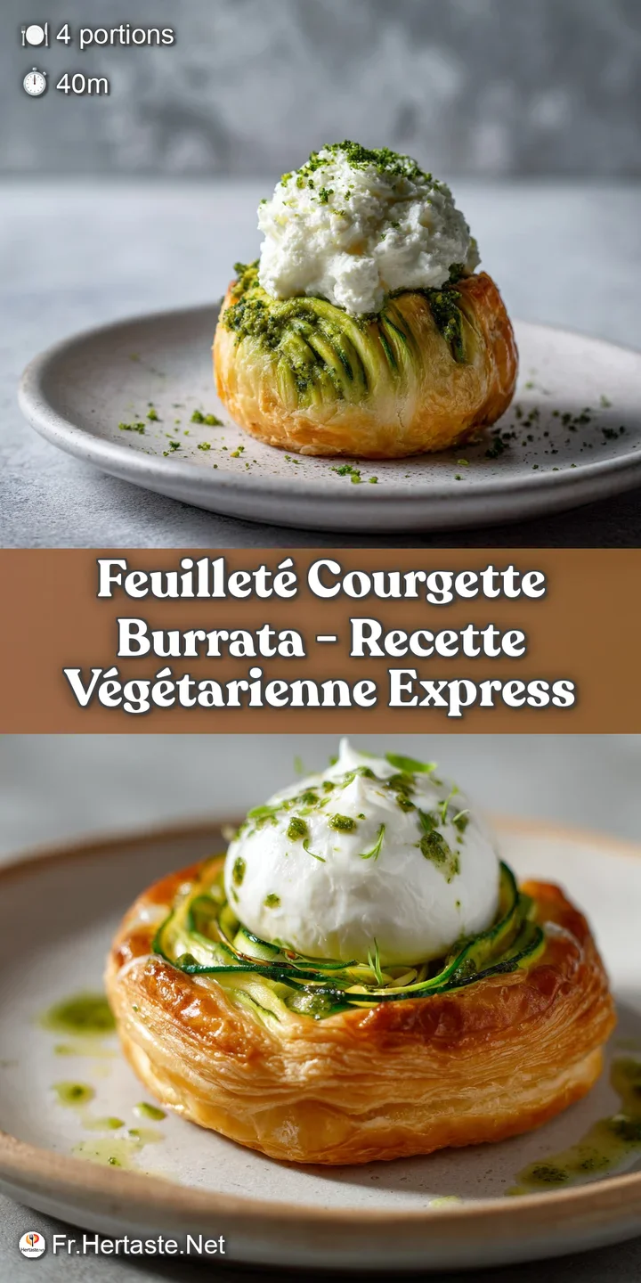 Close-up of a flaky puff pastry bite filled with oozing burrata and tender, slightly charred zucchini.