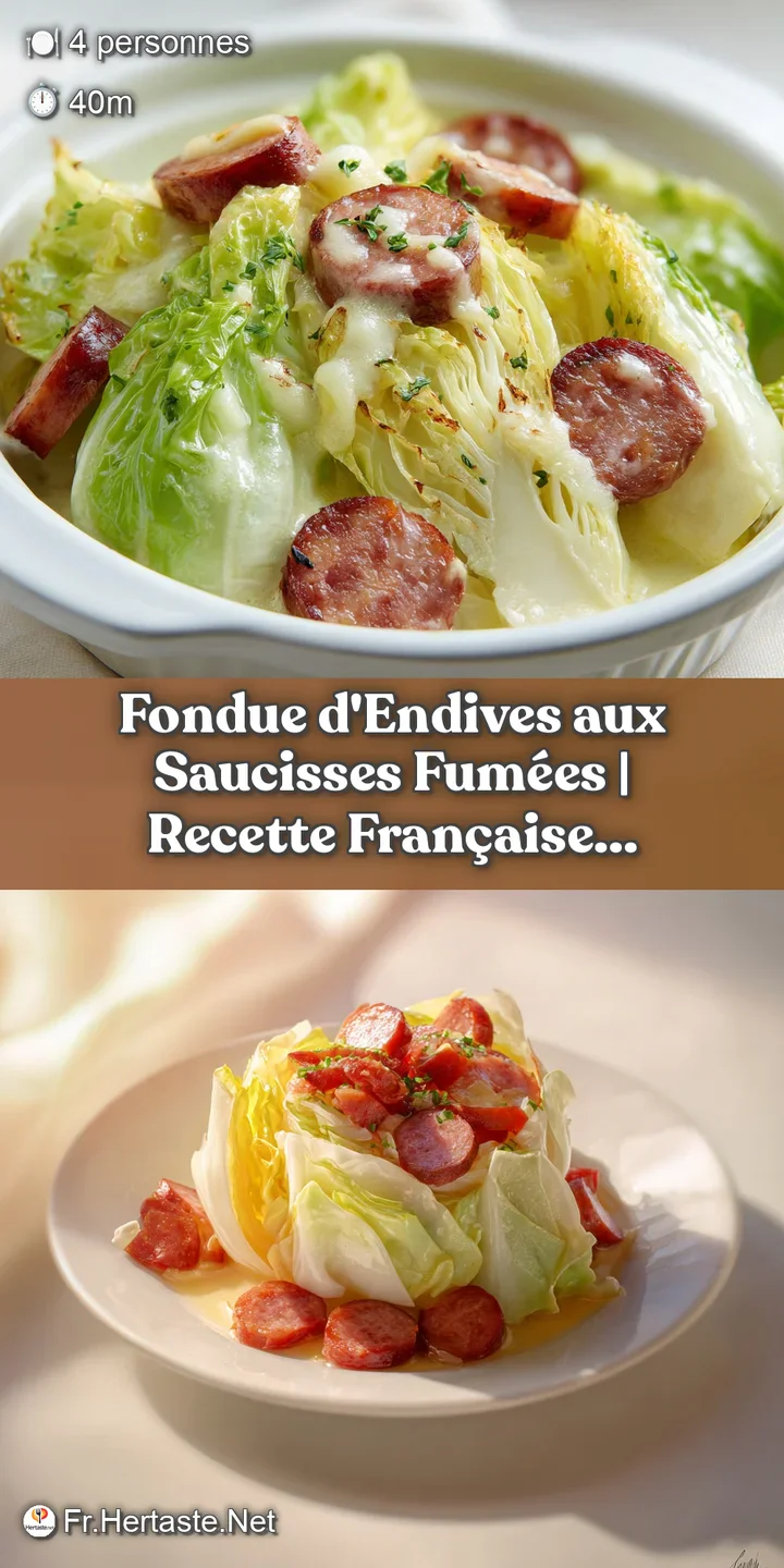 Close-up of bubbly cheese fondue with dark, smoky sausage chunks and soft endive petals.