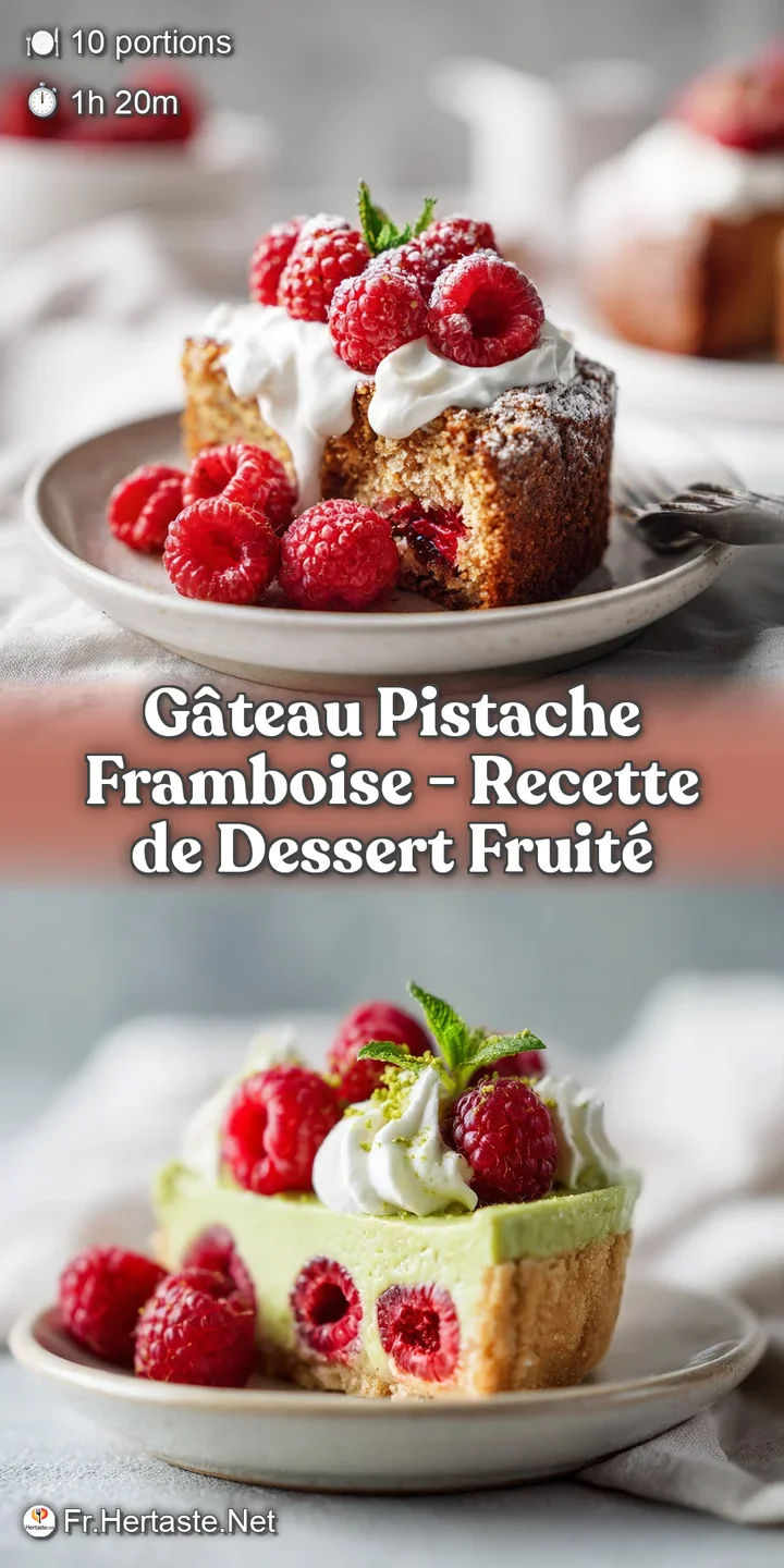 Close-up of moist pistachio cake with ruby-red raspberry filling and a delicate crumb.