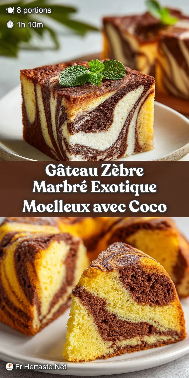 Close-up of zebra cake reveals soft, tender crumb and rich chocolate swirls. The cake is topped with toasted coconut flakes.