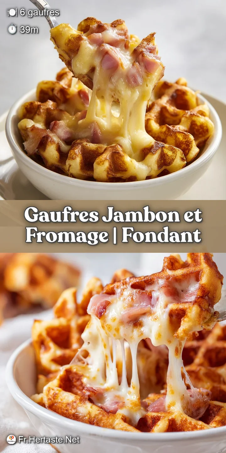 Gros plan sur la texture alv&eacute;ol&eacute;e et dor&eacute;e d'une gaufre chaude avec du fromage coulant et des morceaux de jambon.