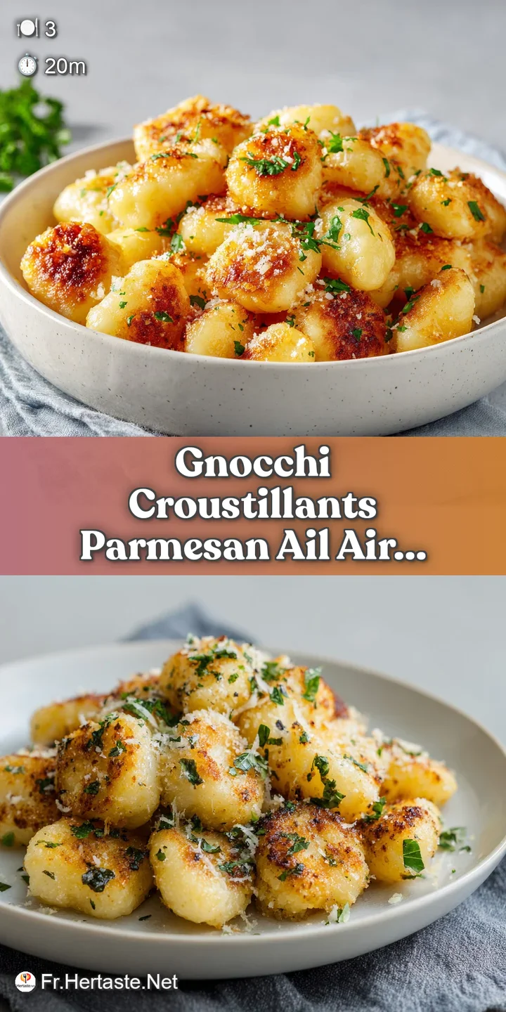 Close-up of golden-brown, crunchy gnocchi, glistening with garlic oil and flecked with Parmesan cheese. Crispy perfection.