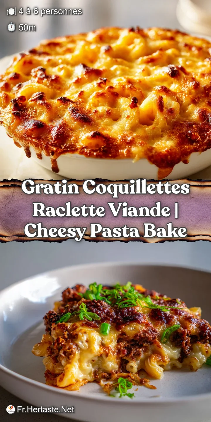 Gros plan sur du fromage fondu dor&eacute; et coulant, enveloppant des p&acirc;tes tendres et des morceaux de viande juteuse.