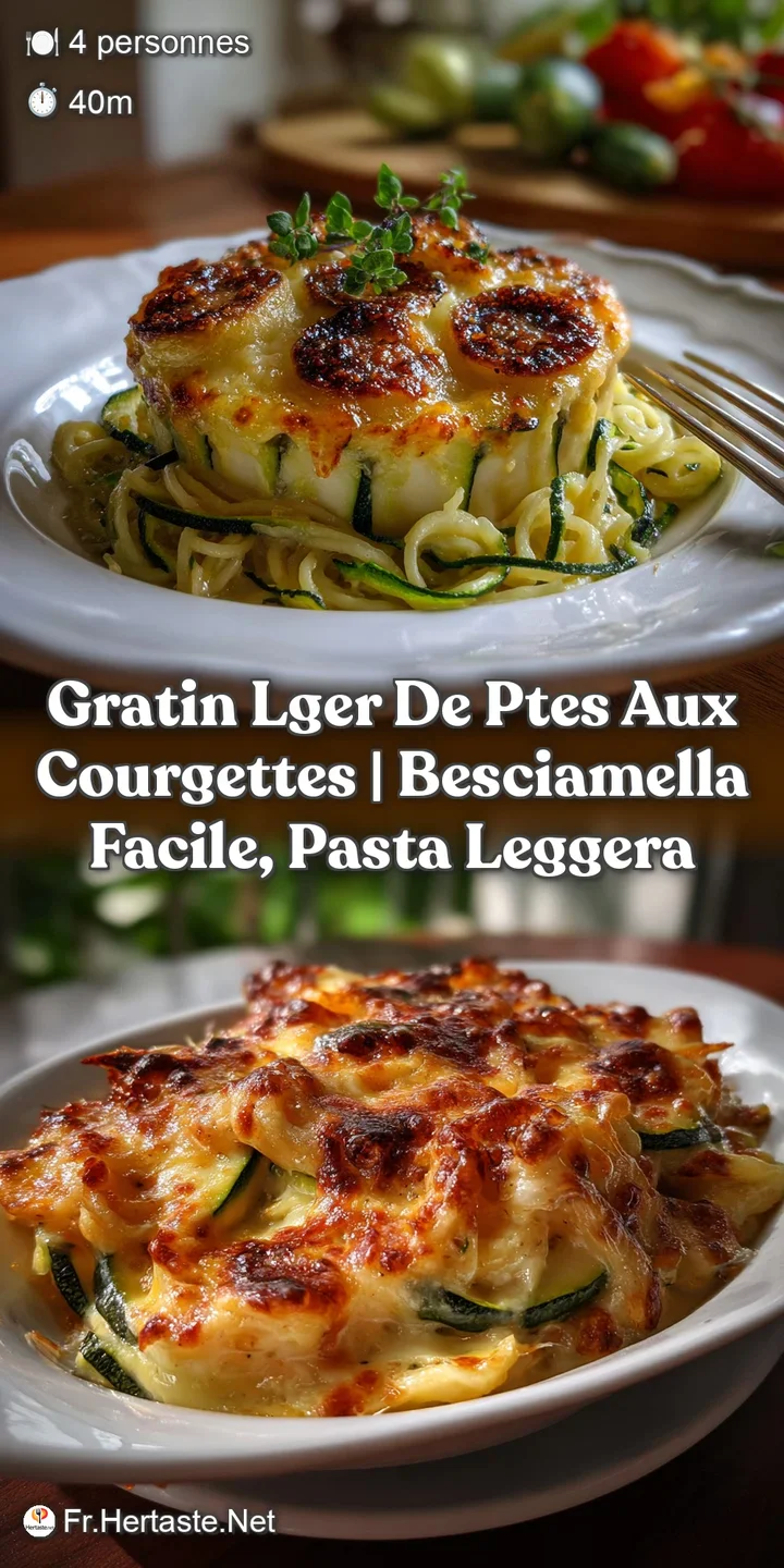 Close-up of bubbling gratin, with visible zucchini and melted cheese. Rich, creamy texture, contrasting with the slightly ...