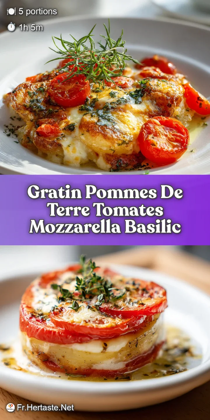 Close-up of bubbling, cheesy potato gratin with juicy tomato slices and vibrant green basil leaves, freshly baked.