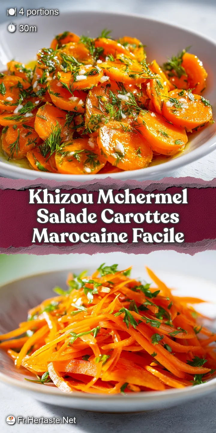 Close-up of Moroccan carrot salad; glistening strands of carrots coated in spices and herbs, showcasing vibrant color and ...