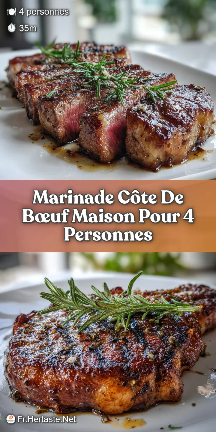 Close-up of juicy, richly marbled c&ocirc;te de b&oelig;uf, glistening with marinade, showing beautiful sear marks and aromatic herbs ...