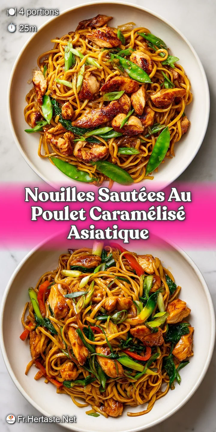 Close-up of the caramelized chicken and noodles, showcasing their rich, dark glaze and soft texture. Vibrant green scallio...