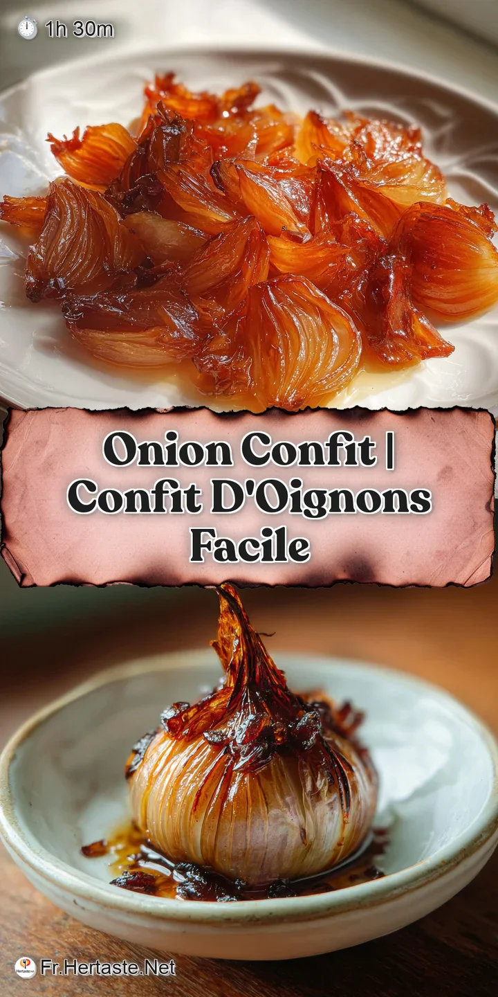 Close-up: glossy, jam-like onion confit, showing its rich, caramelized color and soft texture. Warm, inviting tones sugges...