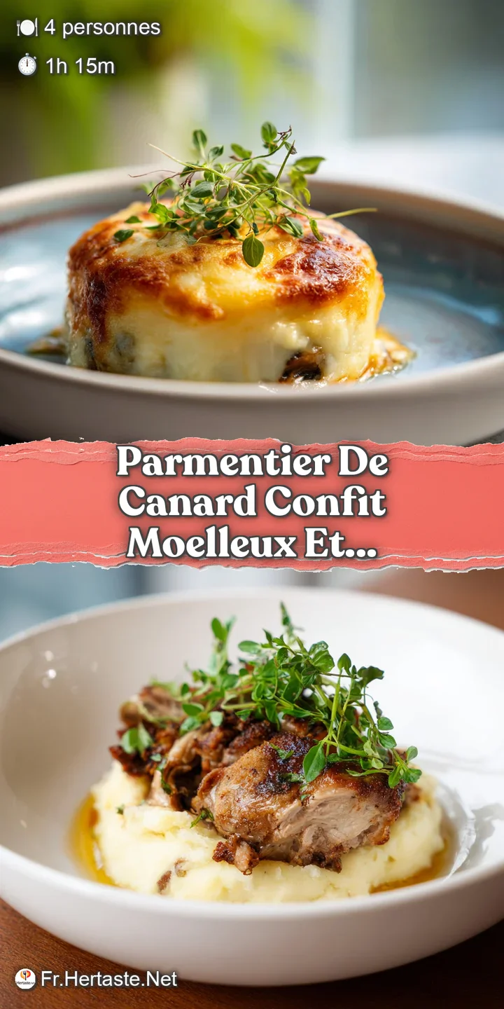 Close-up of duck parmentier revealing tender, shredded duck confit beneath a fluffy, golden-brown potato topping. Rich and...