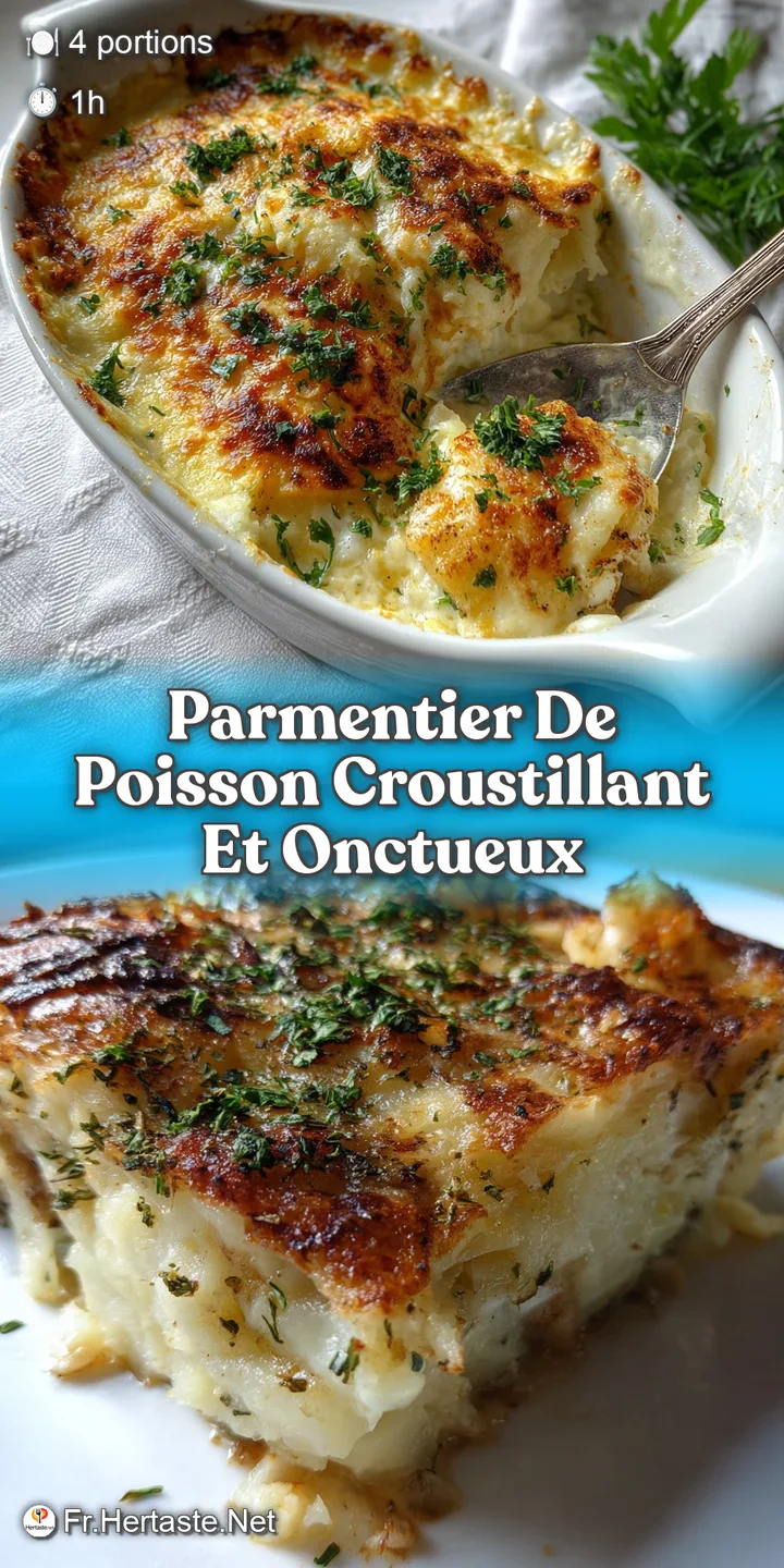 Close-up of the dish revealing the rich, creamy interior with tender pieces of fish, all topped with a crispy, golden pota...