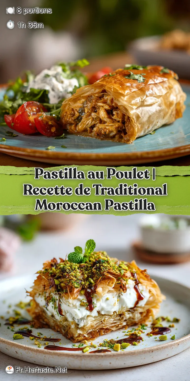 Close-up of a flaky, golden-brown pastilla triangle, glistening slightly and dusted with delicate white sugar.