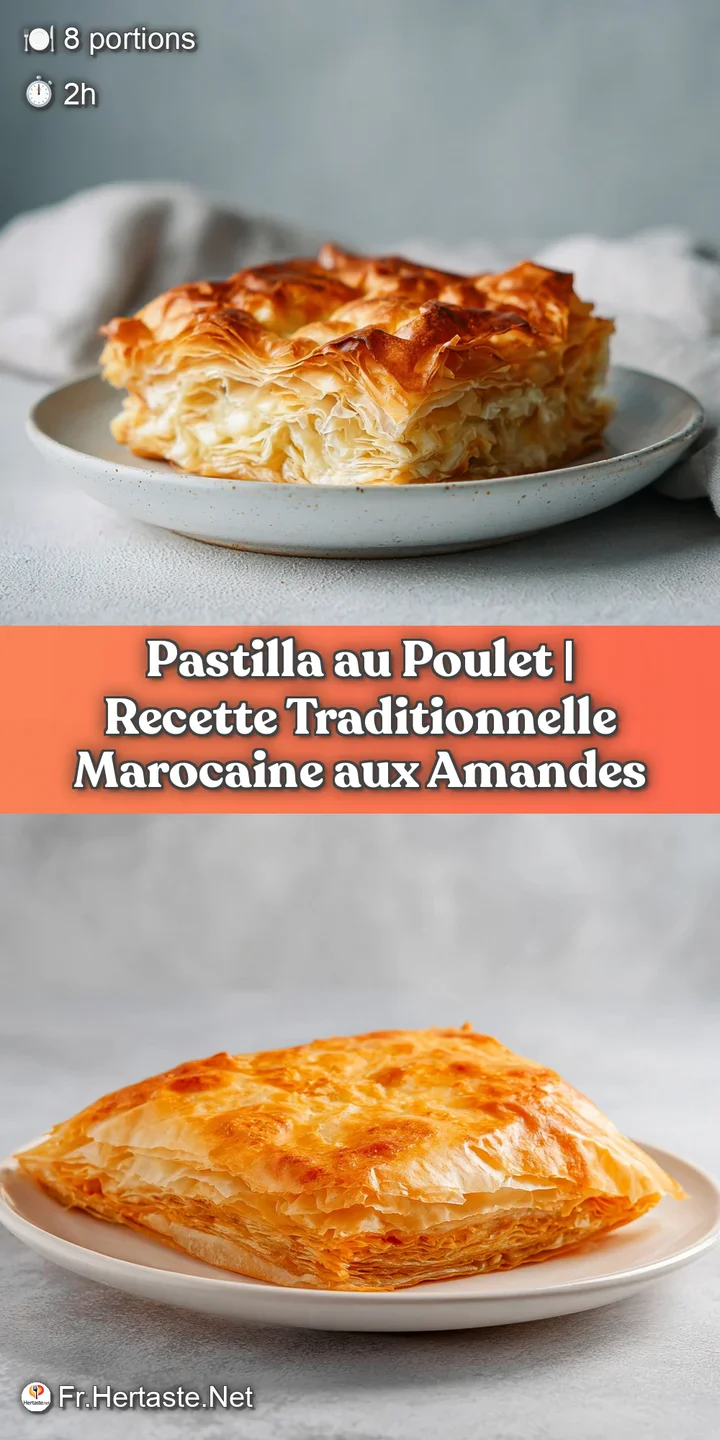 Close-up of a steaming slice of pastilla, showing tender shredded chicken and fragrant spices within flaky pastry.