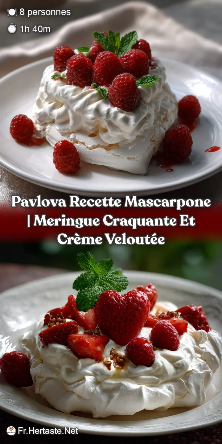 Close-up of a Pavlova's airy, cloud-like meringue shell, revealing a luscious, creamy interior and bursts of juicy red ber...