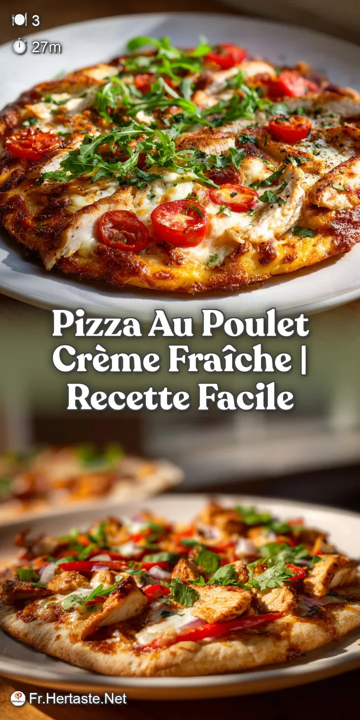 Close-up of pizza with visible herbs and chicken. Creamy sauce, and golden crust create a super appetizing visual.