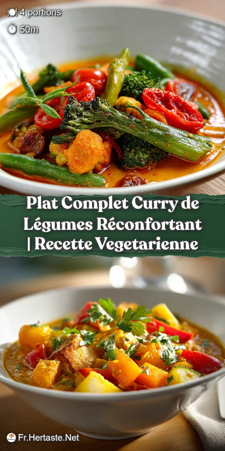 Close-up of the vegetable curry, highlighting the rich textures and vibrant colors of the simmering sauce and fresh ingred...