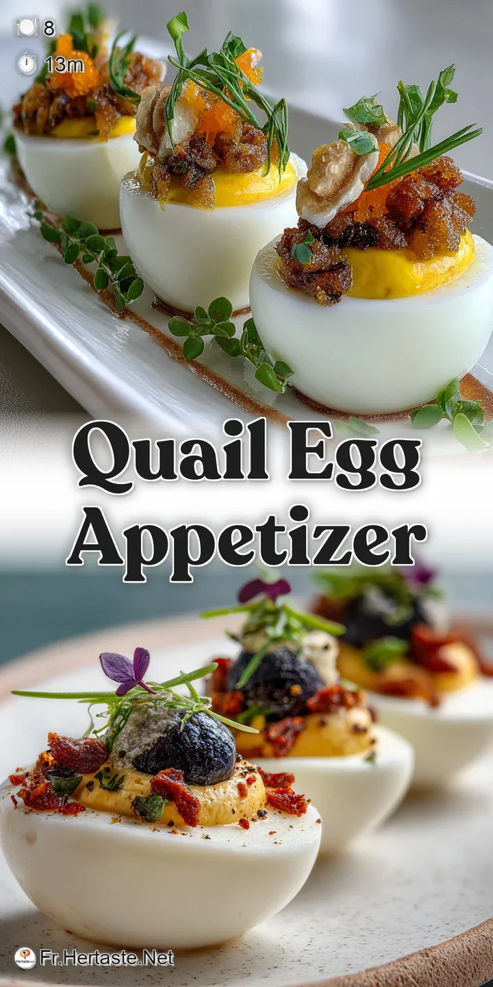 Close-up captures the creamy, pale yellow yolk of a quail egg appetizer, contrasted against a dark, savory base.