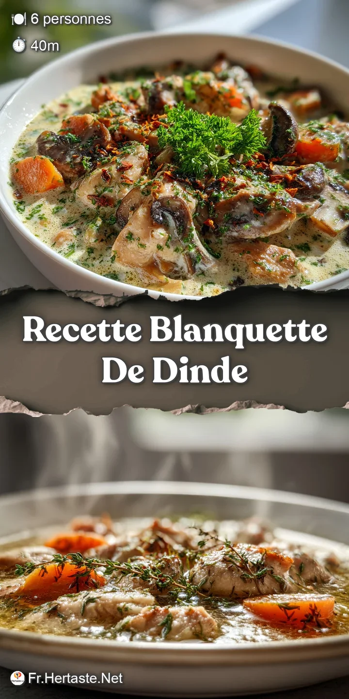 Close-up of simmering, velvety-smooth blanquette. Tender turkey and vegetable pieces highlighted by the rich, creamy sauce.