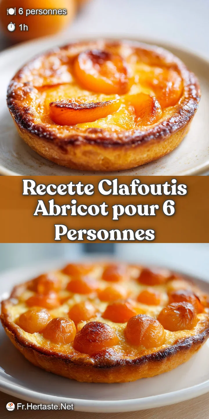 Close-up of a warm, golden apricot clafoutis, revealing juicy, soft apricots peeking through the slightly browned, bubbly ...