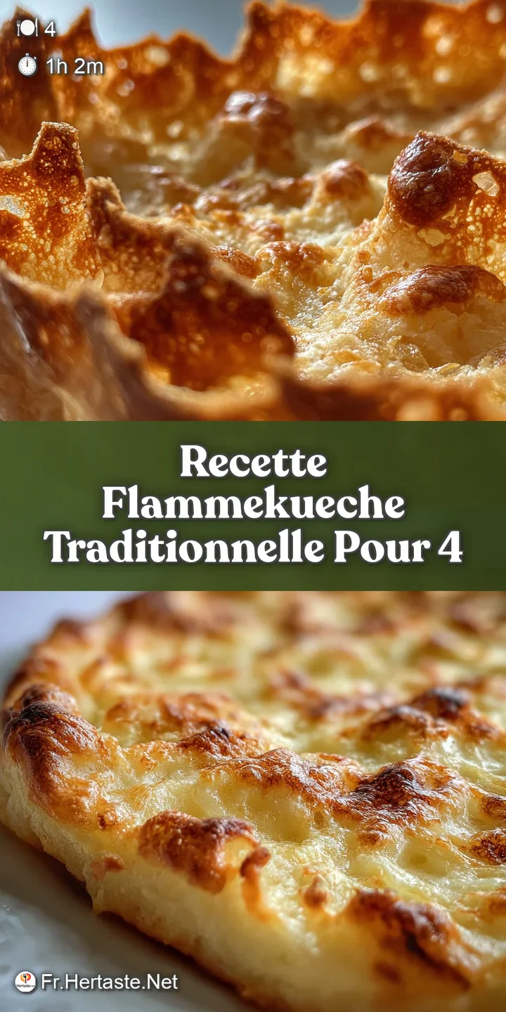 Close-up of Flammekueche: bubbly cream, browned onions, and crisp lardons atop golden dough, promising a flavorful bite.