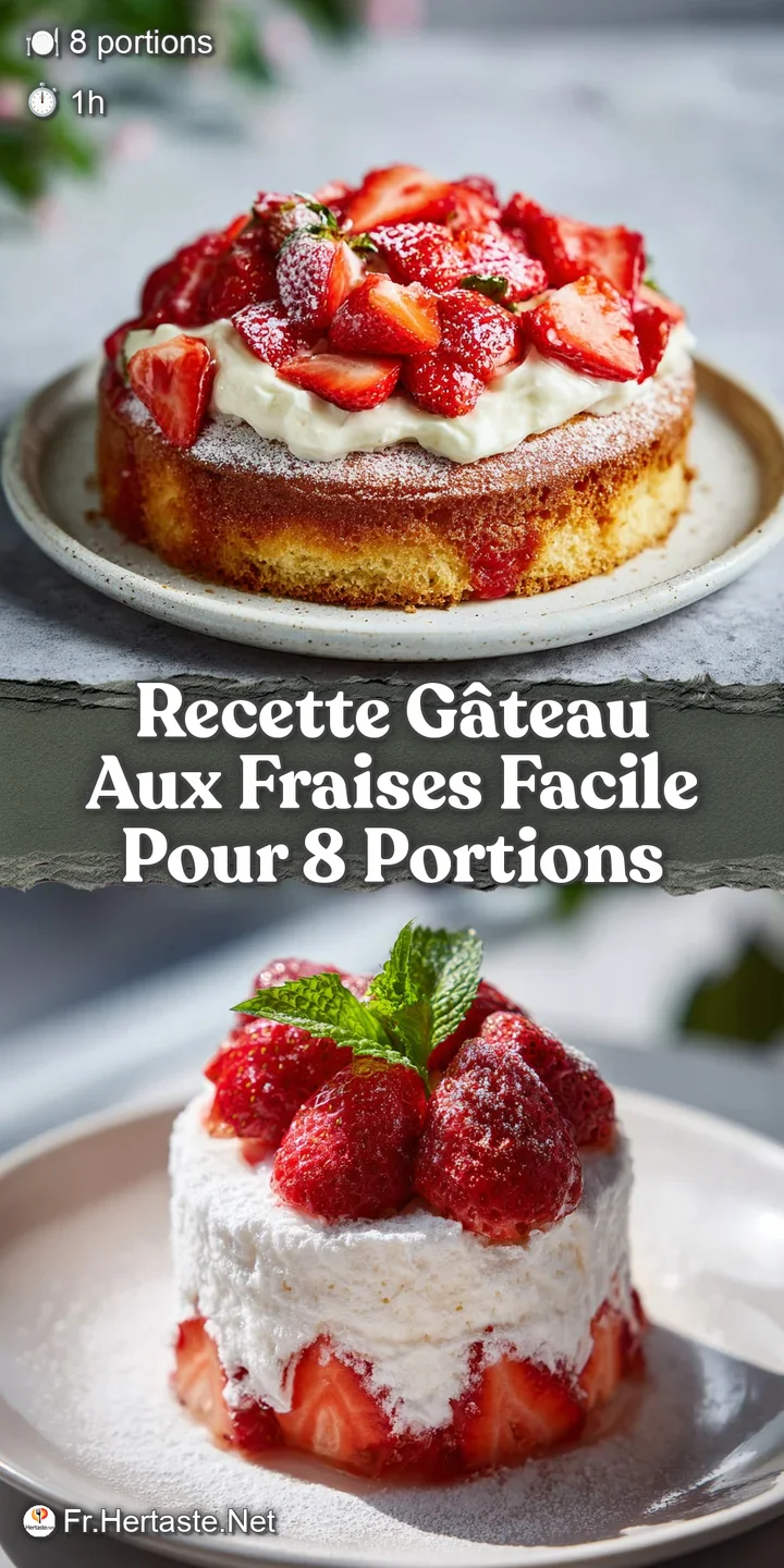 Close-up of a fresh strawberry cake: bright red strawberries nestled in swirls of whipped cream, spongey cake peeking thro...