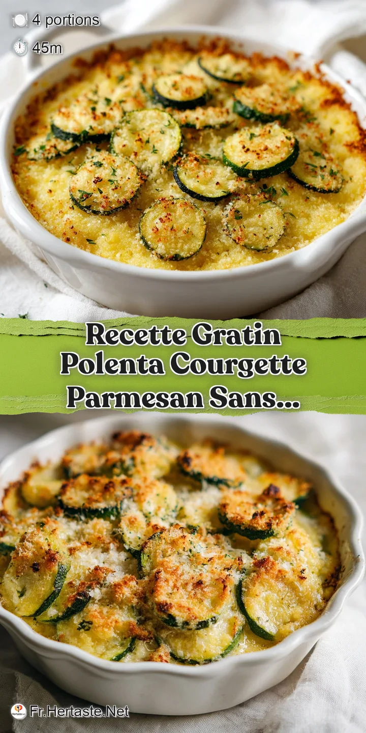 Close-up of bubbling, cheesy polenta gratin, showcasing golden-brown crust, soft polenta, & vibrant green zucchini rounds.
