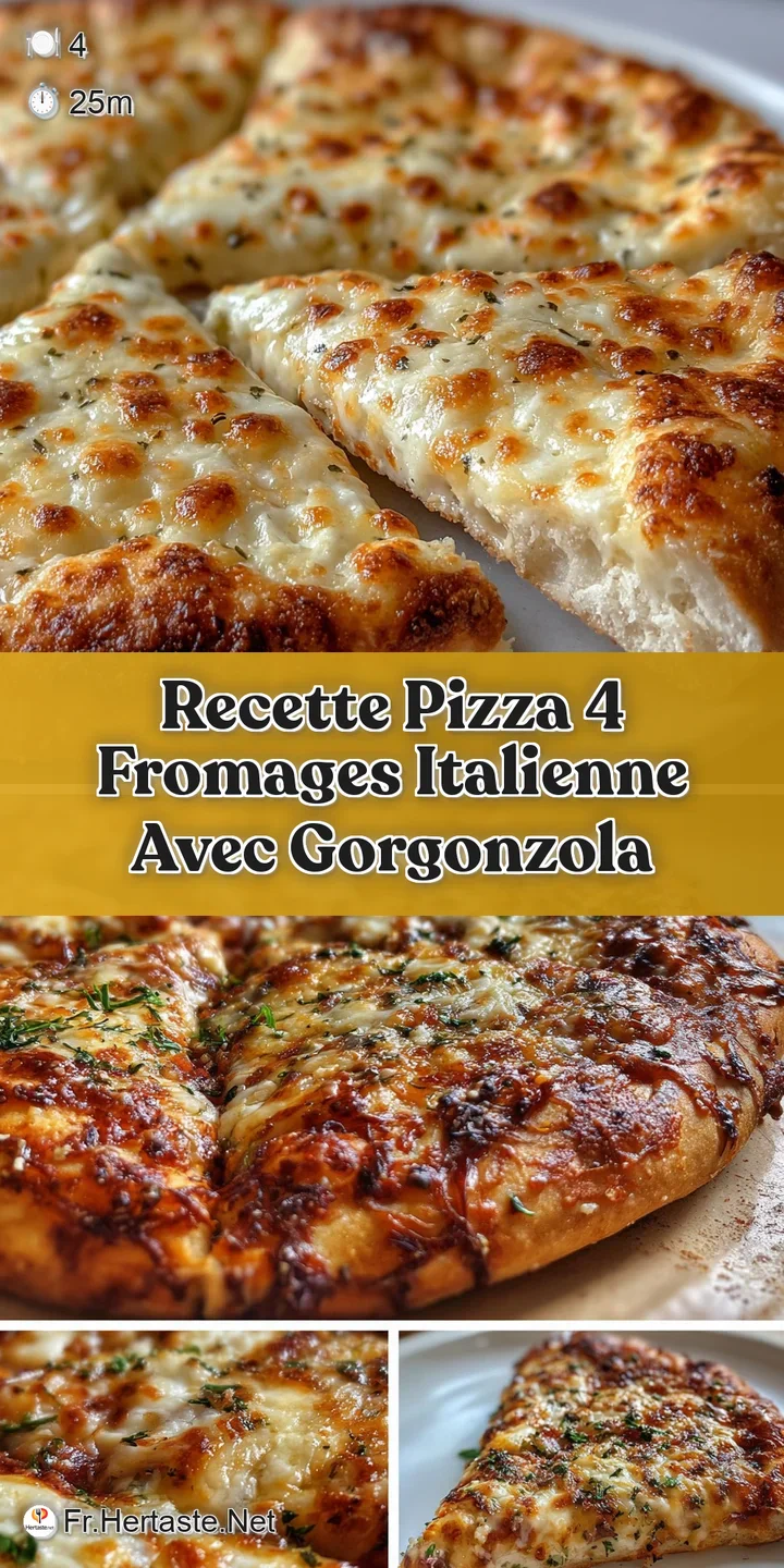 Close-up of a bubbling four-cheese pizza reveals melted pools of cheese, slightly browned and stretchy, with a rustic crust.